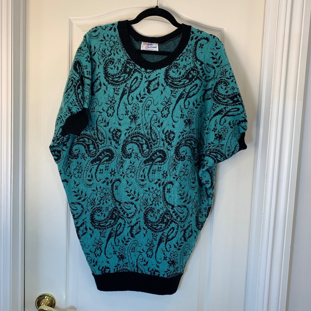 Vintage Distinctive Sportswear Turquoise Paisley Knit Sweater Long‎ Fit L